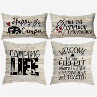 huyaw happy camper camping life throw pillow covers - perfect camper gifts for men and women, vintage wood board design - set of 4 (18 x 18 inch & 12 x 20) for home, rv, camper room decor логотип