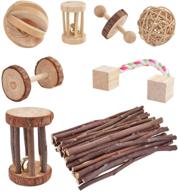 🐹 pack of 8 natural wooden pine toys for guinea pigs, chinchillas, hamsters, rats, bunnies, gerbils - exercise bell roller, dumbbells, fun pet balls - small pets play toy set logo