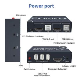 img 3 attached to 🖥️ 2-Port DisplayPort KVM Switch, 8K@60Hz, 2-in-1 Out DP USB KVM Switcher with USB 2.0 Hub, Audio Mic, Share 2 Computers with Keyboard, Mouse, and Monitor