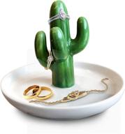 🌵 green and white ceramic cactus ring holder - ring dish for jewelry, bracelets, earrings, and engagement rings - trinket tray for wedding rings - office and home decor логотип