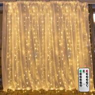 hanging window curtain lights with 300 dimmable leds - ideal for bedroom, wall, party, indoor/outdoor decor - remote control, 8 lighting modes, timer - warm white (curtain not included) логотип