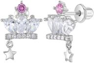 dazzling 925 sterling silver white-pink princess crown earrings set for young girls & pre-teens - perfect for royal events & parties with screw back locking logo