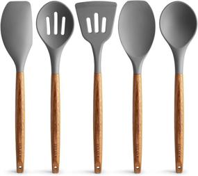 img 4 attached to 👨 Zulay Non-Stick Silicone Utensils Set - 5 Piece Cooking Utensils with Acacia Wood Handles - Gray Silicone Set