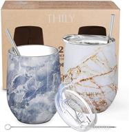 thily stainless steel insulated wine tumblers - 12 oz cute travel stemless glasses with sliding lids and metal straws, keep wine, coffee, juice hot or cold - 2 pack (gold marble + blue marble) logo