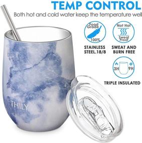 img 3 attached to THILY Stainless Steel Insulated Wine Tumblers - 12 oz Cute Travel Stemless Glasses with Sliding Lids and Metal Straws, Keep Wine, Coffee, Juice Hot or Cold - 2 Pack (Gold Marble + Blue Marble)