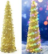 collapsible christmas tinsel tree with color lights - color sequin artificial pencil xmas tree with plastic stand for fireplace, apartments, halloween & holidays - unique party decor (5 foot, gold) logo