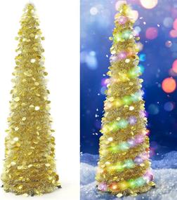 img 4 attached to Collapsible Christmas Tinsel Tree with Color Lights - Color Sequin Artificial Pencil Xmas Tree with Plastic Stand for Fireplace, Apartments, Halloween & Holidays - Unique Party Decor (5 Foot, Gold)