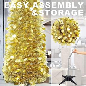 img 3 attached to Collapsible Christmas Tinsel Tree with Color Lights - Color Sequin Artificial Pencil Xmas Tree with Plastic Stand for Fireplace, Apartments, Halloween & Holidays - Unique Party Decor (5 Foot, Gold)