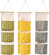 bivisen wall hanging storage bag: premium linen fabric over the door organizer with 3 pockets for bedroom bathroom - yellow, gray, green логотип