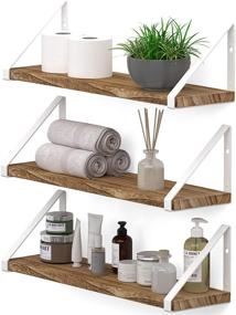 img 4 attached to Set of 3 Wall-Mounted Burned Finish Wood Shelves with White Shelf Brackets - Ideal for Bathroom and Wall Decor - Wallniture Ponza Floating Shelves