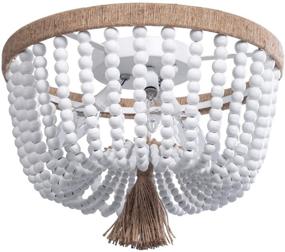 img 4 attached to VILUXY Bohemia Wooden Beaded Flush Mount Ceiling Light Vintage Rustic Mini Chandelier in White Finish for Bedroom, Kitchen Island, Girls' Room - 3-Light