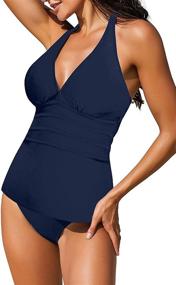 img 1 attached to Uqnaivs Women's V-Neck Tankini Swimsuit with Halter and Open Back Detail - Stylish Two-Piece Bathing Suit