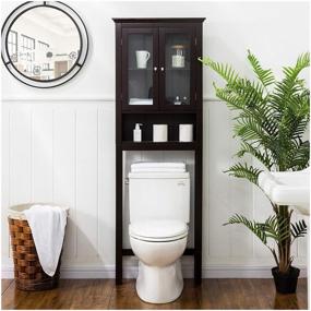 img 4 attached to 💯 Glitzhome Wooden Bathroom Free Standing Storage Cabinet: Stylish Glass Double Doors and Adjustable Shelf for Multifunctional Organization