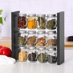 img 3 attached to 🌿 Enhanced Design-Spice Rack Holder with Handle, Wood Herb and Spice Stand with 12 Clear Glass Jar Bottles for Kitchen Counter (Spices Not Included)