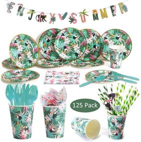 img 4 attached to 🌺 125-Pack Hawaiian Party Disposable Tableware Set: DreamJ Luau Party Supplies with Plates, Banner, Forks, Cups, Napkins – Perfect for Birthdays and Summer Luaus, Serves 12