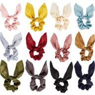 🐇 12 pieces rabbit bunny satin silk scrunchies with ear bow - premium hair ties for women girls, elastic hair ropes & ponytail holders logo