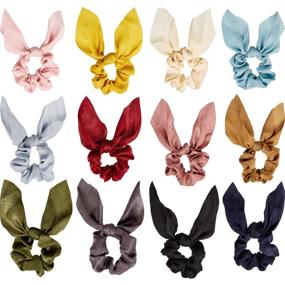 img 4 attached to 🐇 12 Pieces Rabbit Bunny Satin Silk Scrunchies with Ear Bow - Premium Hair Ties for Women Girls, Elastic Hair Ropes & Ponytail Holders