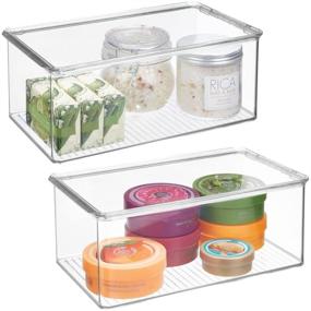 img 4 attached to 📦 mDesign Stackable Bathroom Storage Box with Hinged Lid - Organizer for Toiletries, Makeup, First Aid, Hair Accessories, Bar Soap, Loofahs, Bath Salts - 2 Pack, Clear Plastic