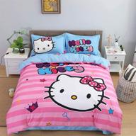 🎀 girls cartoon duvet cover set - anjos pink hello kitty stripes - polyester - includes duvet cover, flat sheet, and pillow cases - size full (78x90inch) logo