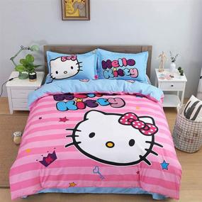 img 4 attached to 🎀 Girls Cartoon Duvet Cover Set - Anjos Pink Hello Kitty Stripes - Polyester - Includes Duvet Cover, Flat Sheet, and Pillow Cases - Size Full (78x90inch)