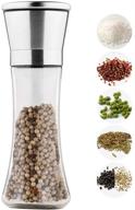 premium salt and pepper grinders set with silicon stand - tall shakers for adjustable coarseness - brushed stainless steel and glass body mill - ceramic spice grinder for superior grinding experience logo