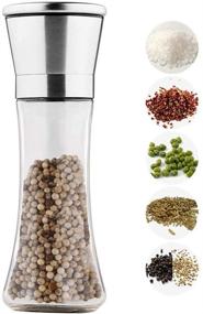 img 4 attached to Premium Salt and Pepper Grinders Set with Silicon Stand - Tall Shakers for Adjustable Coarseness - Brushed Stainless Steel and Glass Body Mill - Ceramic Spice Grinder for Superior Grinding Experience