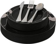 🍽️ black and silver marble rim plastic plates and disposable silverware set - 100 pieces | heavyweight dinnerware perfect for parties & weddings (black/silver) logo