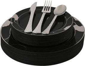 img 4 attached to 🍽️ Black and Silver Marble Rim Plastic Plates and Disposable Silverware Set - 100 Pieces | Heavyweight Dinnerware perfect for Parties & Weddings (Black/Silver)