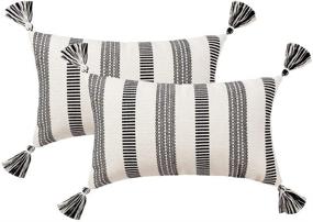 img 4 attached to 🖤 Set of 2 Decorative Lumbar Black White Throw Pillow Covers - Modern Striped Boho Farmhouse Style, Neutral Textured Couch Pillow Cases (12x20 Inches)