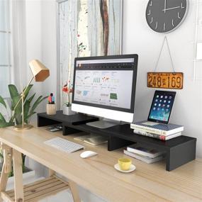 img 3 attached to 🖥️ Adjustable 3 Shelf Dual Monitor Riser Stand for Desk with Length and Angle Adjustment - Perfect for PC, Computer, Laptop, Printer - Multi Desktop Storage Organizer for iMac, Keyboard