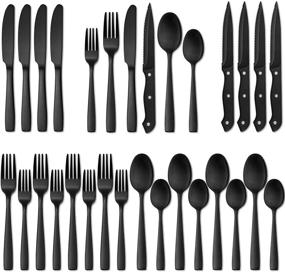 img 4 attached to High Quality 24-Piece Matte Black Silverware Set with Steak Knives for 4, Stainless Steel Flatware Utensils Set — Hand Wash Recommended