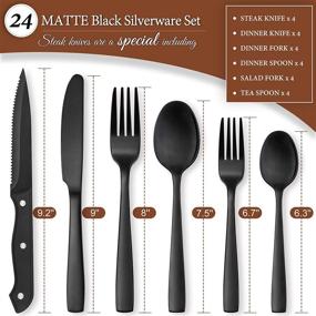 img 3 attached to High Quality 24-Piece Matte Black Silverware Set with Steak Knives for 4, Stainless Steel Flatware Utensils Set — Hand Wash Recommended