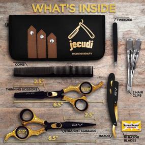 img 3 attached to 💇 Professional Hair Cutting Scissors Set by Jecudi – Handmade Japanese Stainless Steel: Barber Scissors, Hair Shears, Tweezers, Razor, 10 Blades, Comb, 2 Hair Clips & Cleaning Cloth