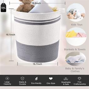 img 1 attached to Extra-Large Cotton Rope Basket 21.7in x 21.7in x 13.8in - Baby Laundry Hamper with Handles, Decorative Blanket Basket for Living Room, Toy Storage Bin, Pillows, Clothes