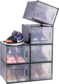 img 4 attached to 👞 Large Shoe Organizer, Ohuhu Heavy Duty 6 Pack Shoe Storage Boxes - Clear Plastic Stackable Containers with Foldable Drawer Type Front Opening for Closet and Entryway - Fits up to US Size 14 Shoes