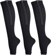 compression socks 3-pair set with zipper, graduated compression, knee high length, open toe design - toeless support stockings logo