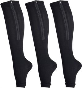 img 4 attached to Compression Socks 3-Pair Set with Zipper, Graduated Compression, Knee High Length, Open Toe Design - Toeless Support Stockings