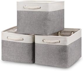 img 4 attached to 📦 Set of 3 Bidtakay Canvas Storage Baskets - Large Fabric Bins for Shelf Organization, Decorative Collapsible Empty Baskets for Closet, Nursery, Clothes, Toys, Shoes (White & Grey)