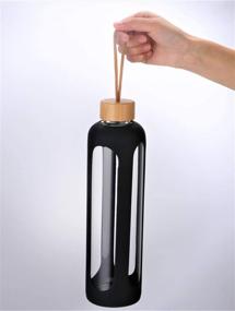 img 3 attached to 🍃 32 Oz Glass Water Bottle with Silicone Sleeve, Time Marker, Leakproof Bamboo Lid - Ideal for Travel, Gym, and Home - BPA Free (Black)