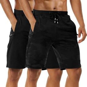 img 4 attached to Men's 2 Pack Comfortable Cotton Casual Shorts with Elastic Waist, Zipper Pockets - Ideal for Workouts and Running