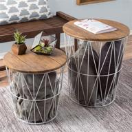 🏢 stylish white convertible round metal basket veneer wood top accent side tables with storage - perfect for home and office (set of 2) logo