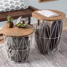 img 4 attached to 🏢 Stylish White Convertible Round Metal Basket Veneer Wood Top Accent Side Tables with Storage - Perfect for Home and Office (Set of 2)