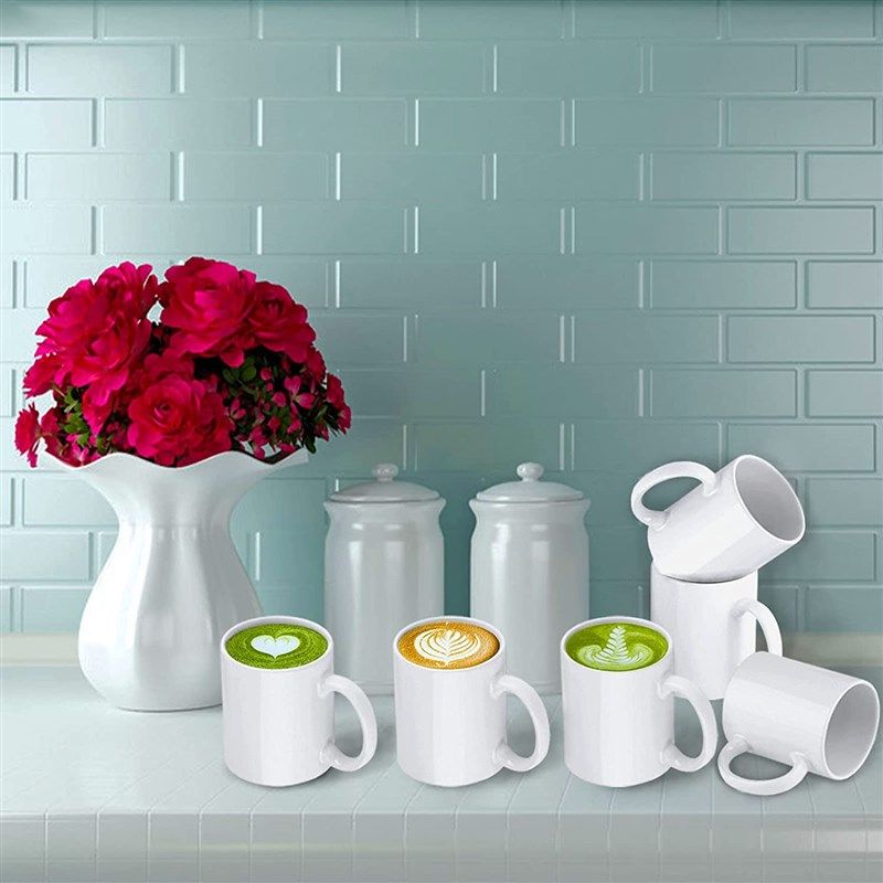 Set of 6 White Mugs 12 oz Porcelain Espresso Cups, Sublimation Mugs Blank,  DIY Coated Ceramic Mugs for Coffee, Soup, Tea 