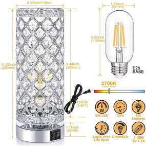 img 3 attached to 💡 Set of 2 Crystal Touch Control Table Lamps, 3-Way Dimmable Bedside Nightstand Desk Lamps with Dual USB Charging Ports. Small Decorative Lampshade & Night Light for Bedroom Living Room, LED Bulbs Included