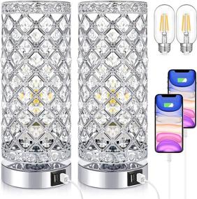 img 4 attached to 💡 Set of 2 Crystal Touch Control Table Lamps, 3-Way Dimmable Bedside Nightstand Desk Lamps with Dual USB Charging Ports. Small Decorative Lampshade & Night Light for Bedroom Living Room, LED Bulbs Included