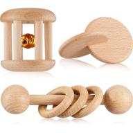 🎁 montessori wooden toy set: 3-piece rattle with wood bells, beech interlocking discs, and teether - perfect gift for boys and girls' birthday party favor logo
