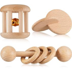 img 4 attached to 🎁 Montessori Wooden Toy Set: 3-Piece Rattle with Wood Bells, Beech Interlocking Discs, and Teether - Perfect Gift for Boys and Girls' Birthday Party Favor
