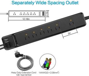 img 1 attached to 💡 10 футовая черная полоса сетевого защитного устройства: 6 розеток, 4 порта USB для зарядки, 1875 Вт/15 А, угловой плоский штепсель, разнесенные розетки. Розетка сети, сертифицированная ETL, для домашнего офиса.