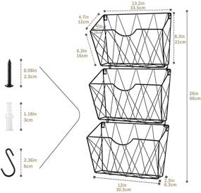 img 2 attached to 📚 Премиум подвесной органайзер для документов, набор из 3 штук с 12 крючками S - Идеально для офиса, дома или школы - Черные металлические подвесные корзины