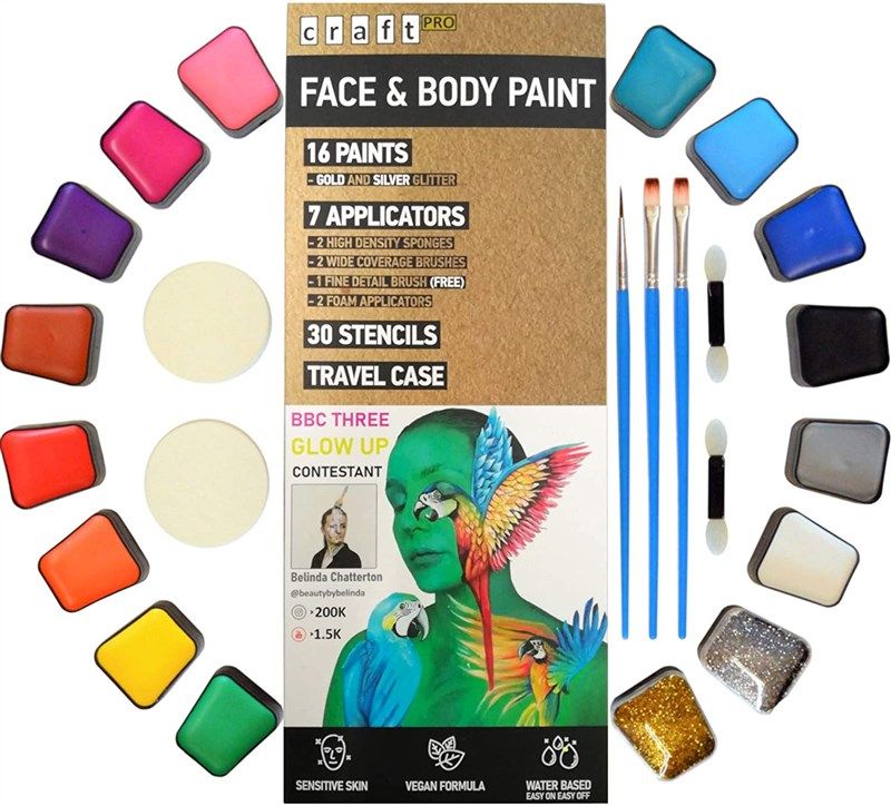 Mosaiz Face Paint Kit for Kids 15 Colors with 2 Metallic Gold and Silver, 3  Brushes, 30 Stencils, 2 Sponges - Professional Face
